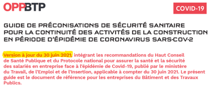 Mise à jour du guide de préconisations OPPBTP (Version 14 du 30/06/2021)